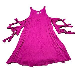 Free People Mini Dress Magenta Pink Cold Shoulder Arm Ties 3/4 Sleeve XS Crinkle